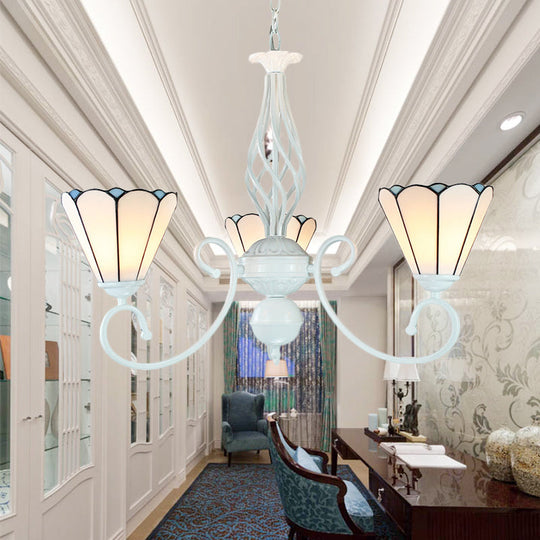 Adjustable 3-Light White Glass Cone Ceiling Chandelier with Curved Arm for Foyer Pendant Lighting