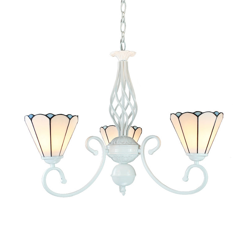 Adjustable 3-Light White Glass Cone Ceiling Chandelier with Curved Arm for Foyer Pendant Lighting