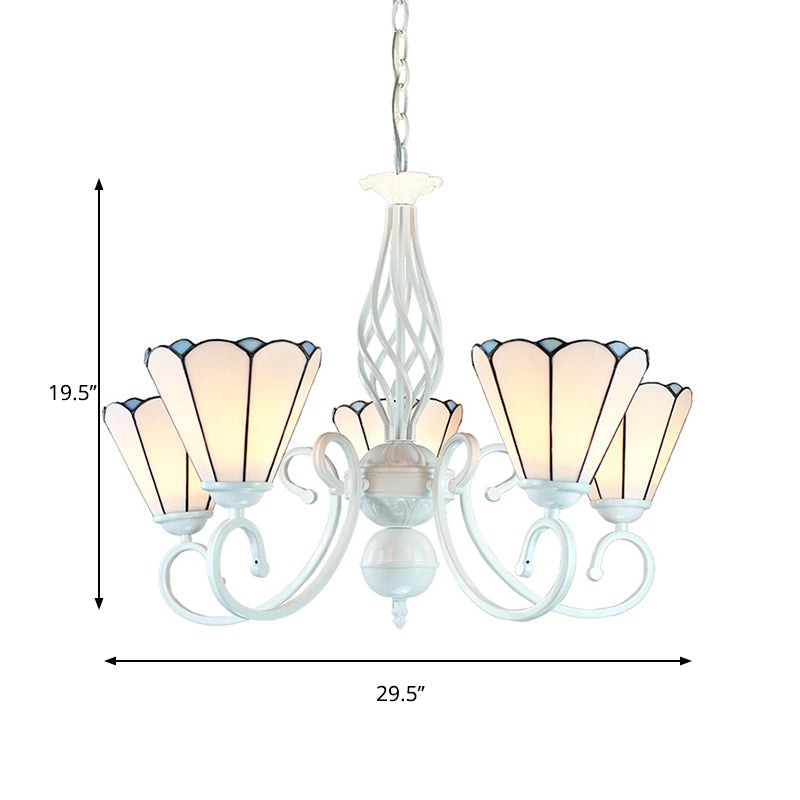 Adjustable White Glass Cone Chandelier with 5 Lights - Traditional Pendant Light for Bedroom