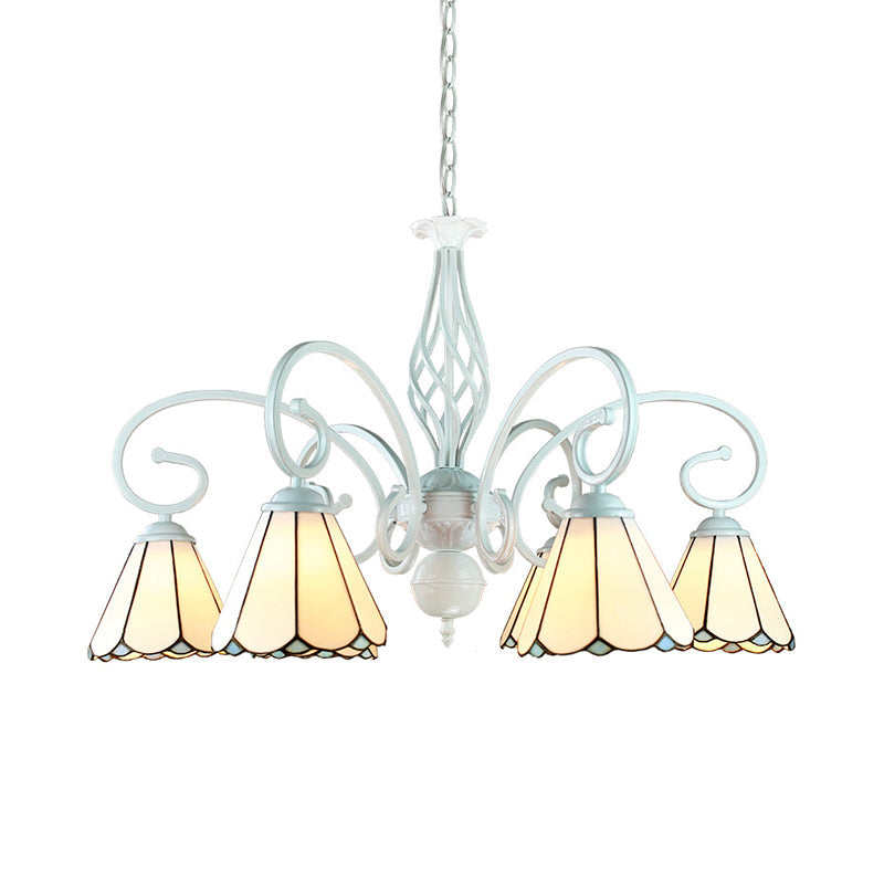 Adjustable Stained Glass Cone Pendant Chandelier with Metal Chain - 6/8 Lights in White - Traditional Style