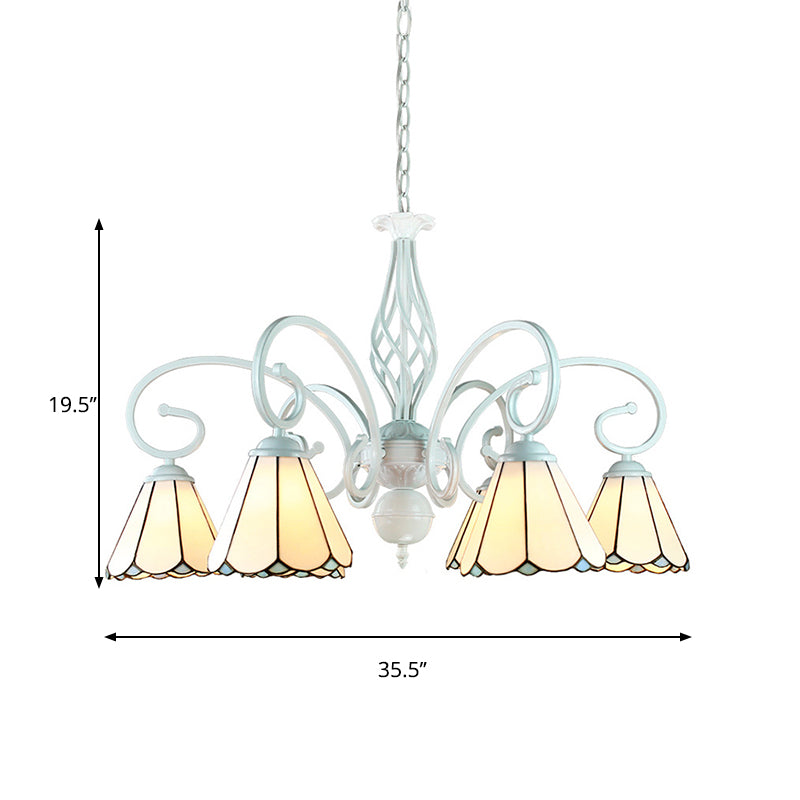 Adjustable Stained Glass Cone Pendant Chandelier with Metal Chain - 6/8 Lights in White - Traditional Style