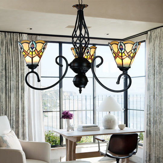 Black Peacock Chandelier with Stained Glass Shades - Rustic Pendant Lamp for Dining Table