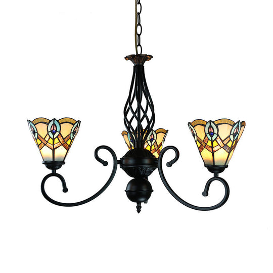 Peacock Chandelier Light - Black Finish Stained Glass Rustic Pendant Lamp 3 Lights