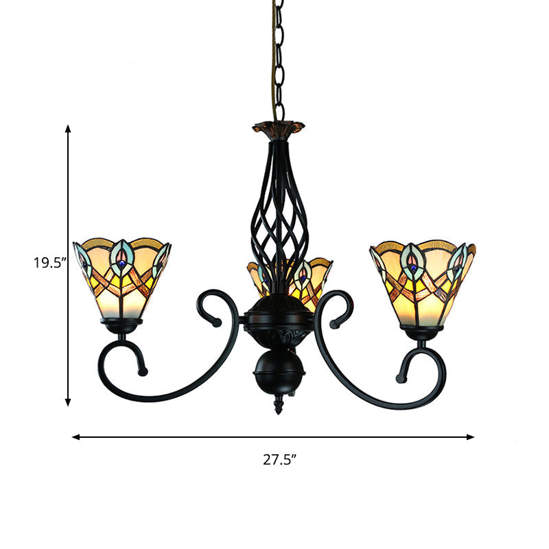 Peacock Chandelier Light - Black Finish Stained Glass Rustic Pendant Lamp 3 Lights