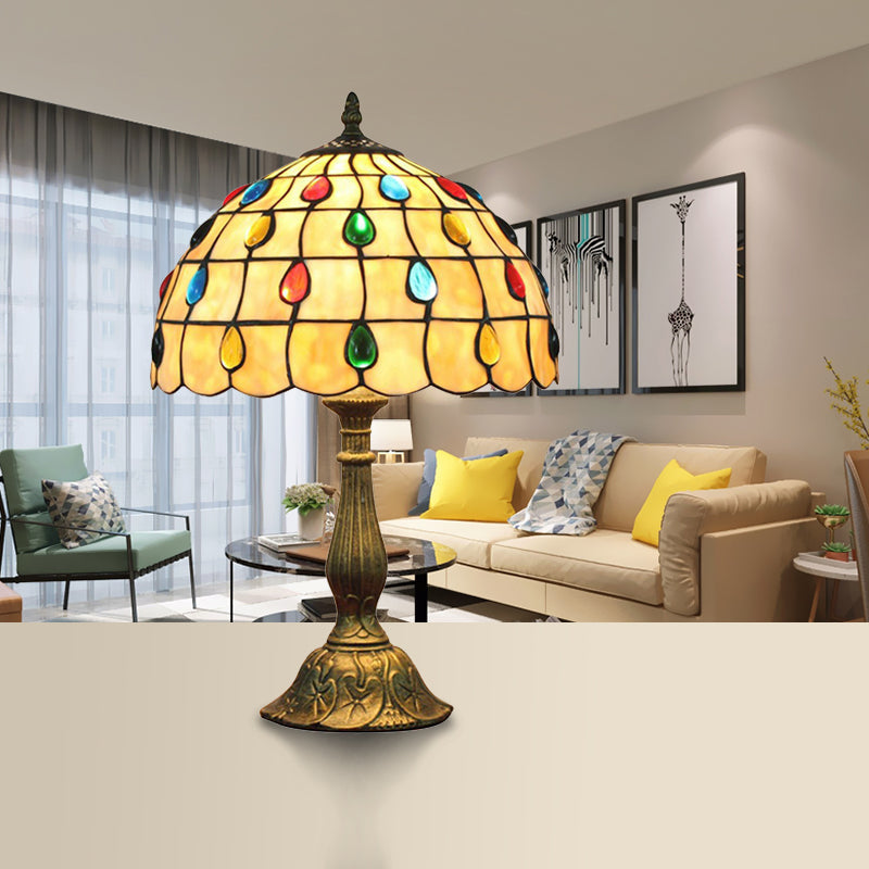 12/8 Wide Shell Umbrella Desk Lamp With Tiffany-Style Teardrop Jewelry Table Light For Bedroom -