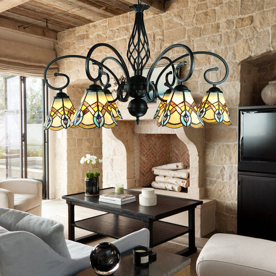 Peacock Design Conical Chandelier with Stained Glass - Rustic Pendant Lighting (6/8 Lights)