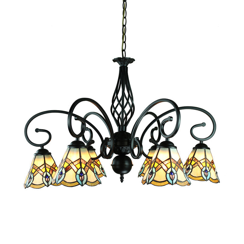 Peacock Design Conical Chandelier with Stained Glass - Rustic Pendant Lighting (6/8 Lights)