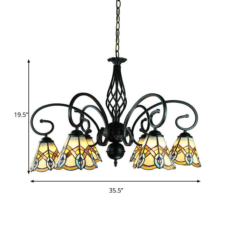 Peacock Design Stained Glass Conical Chandelier - 6/8 Light Rustic Pendant