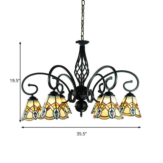 Peacock Design Stained Glass Conical Chandelier - 6/8 Light Rustic Pendant