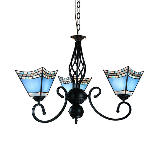 Nautical Pyramid Hanging Chandelier - Blue Glass Pendant Light with 3 Lights for Dining Room