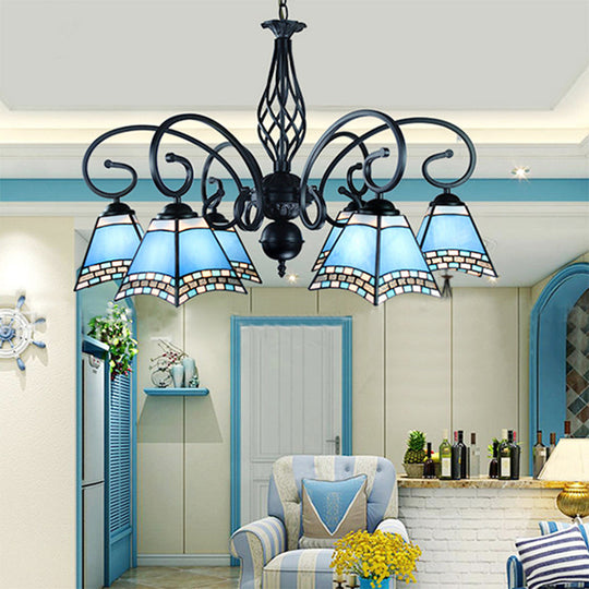 Nautical Style 6-Light Blue Glass Pyramid Ceiling Suspension Light For Living Room