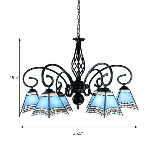 Nautical 6-Light Blue Glass Pyramid Ceiling Hanging Fixture for Living Room