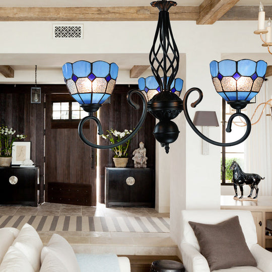 Mediterranean Bowl Pendant Light: Curved Arm, Blue Glass, 3 Lights - Foyer Chandelier