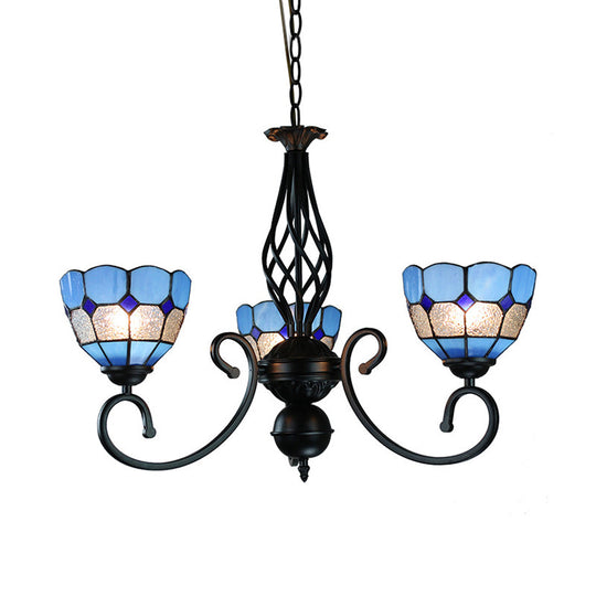 Mediterranean Bowl Pendant Light: Curved Arm, Blue Glass, 3 Lights - Foyer Chandelier