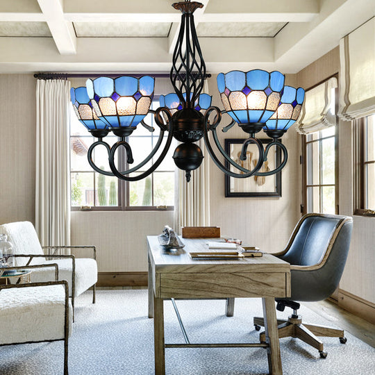 Adjustable Chain Pendant Light With Mediterranean Blue Glass Shade - 5-Light Bowl Chandelier