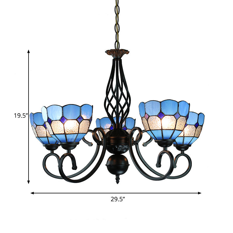 Adjustable Chain Pendant Light With Mediterranean Blue Glass Shade - 5-Light Bowl Chandelier