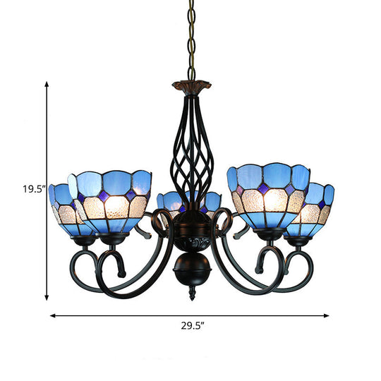 Adjustable Chain Pendant Light With Mediterranean Blue Glass Shade - 5-Light Bowl Chandelier