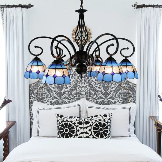 Dome Hanging Ceiling Light With Grid Design - 6/8 Lights Blue Glass Tiffany Bedroom Lighting 6 /