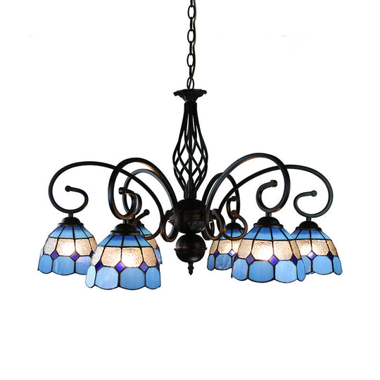 Dome Hanging Ceiling Light With Grid Design - 6/8 Lights Blue Glass Tiffany Bedroom Lighting