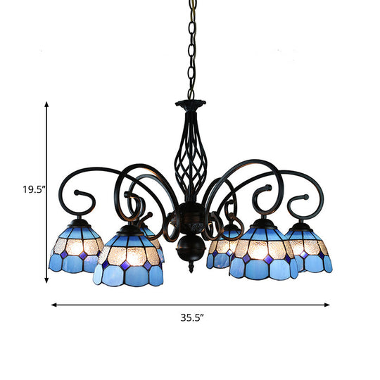 Dome Hanging Ceiling Light With Grid Design - 6/8 Lights Blue Glass Tiffany Bedroom Lighting