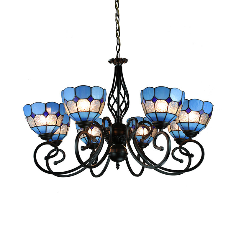 Dome Hanging Ceiling Light With Grid Design - 6/8 Lights Blue Glass Tiffany Bedroom Lighting