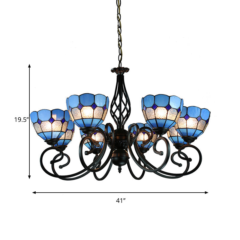 Dome Hanging Ceiling Light With Grid Design - 6/8 Lights Blue Glass Tiffany Bedroom Lighting