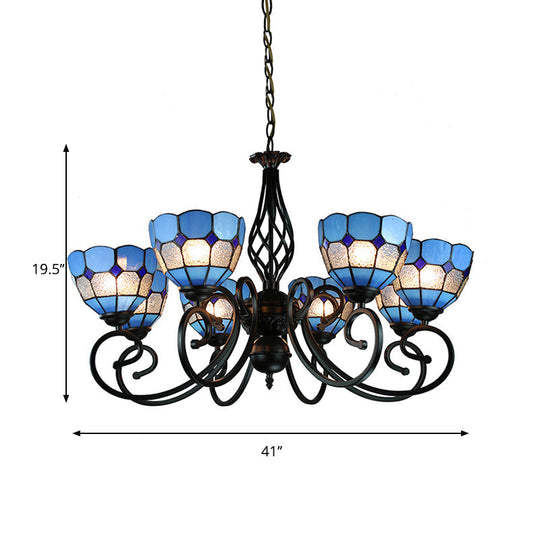 Dome Hanging Ceiling Light With Grid Design - 6/8 Lights Blue Glass Tiffany Bedroom Lighting