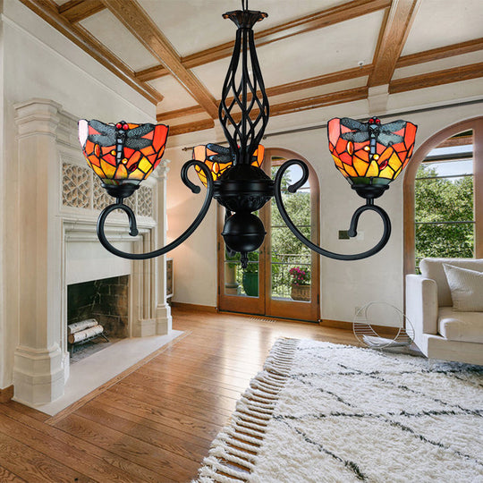 Dragonfly Stained Glass Suspension Light: Lodge Style Multi-Color Chandelier for Foyer