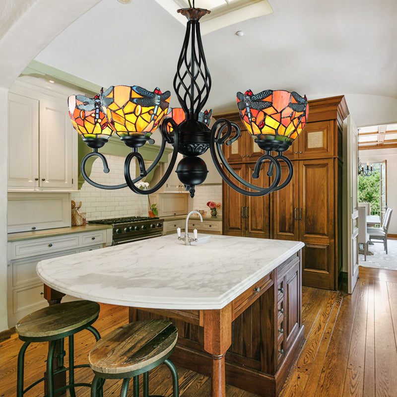 Dragonfly Stained Glass Chandelier With 5 Rustic Bowl Pendant Lights - Perfect For Bedroom Lighting