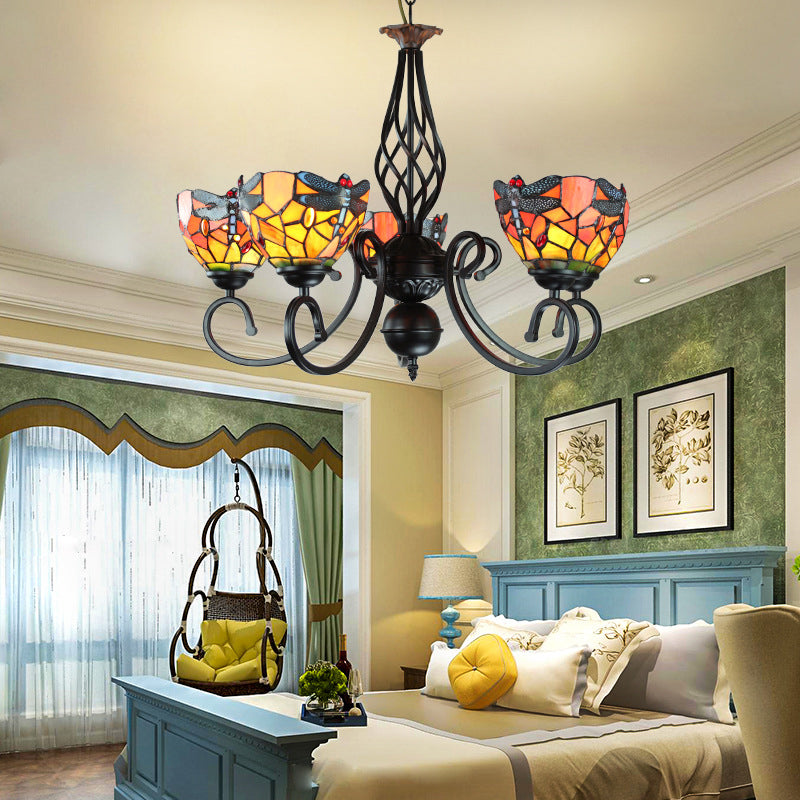 Dragonfly Stained Glass Chandelier With 5 Rustic Bowl Pendant Lights - Perfect For Bedroom Lighting