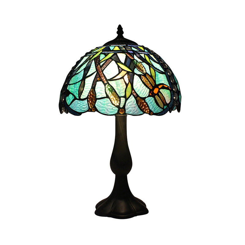 Rustic Tiffany Stained Glass Desk Light With Peacock Tail/Dragonfly Design - Green