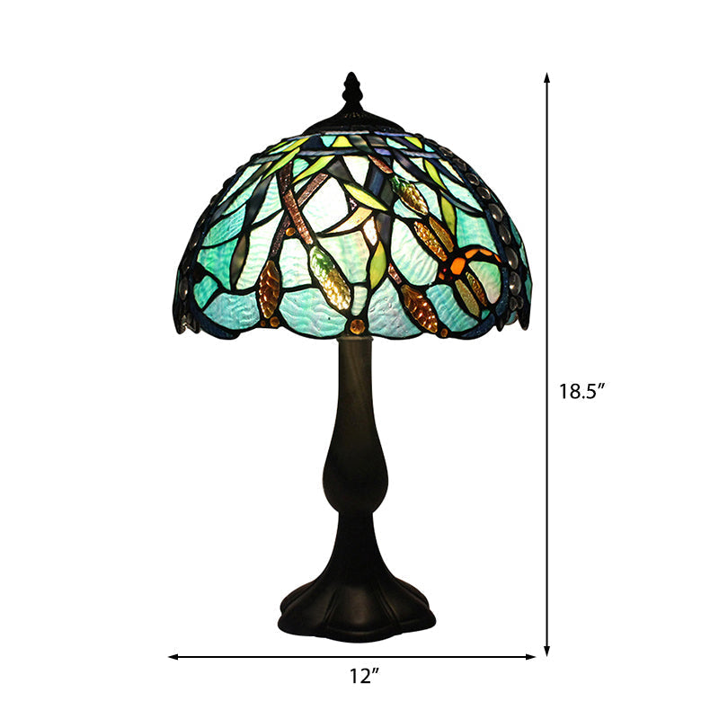 Rustic Tiffany Stained Glass Desk Light With Peacock Tail/Dragonfly Design - Green