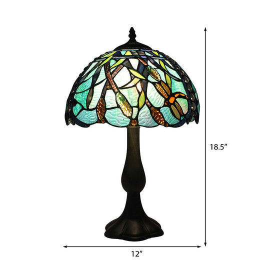 Rustic Tiffany Stained Glass Desk Light With Peacock Tail/Dragonfly Design - Green