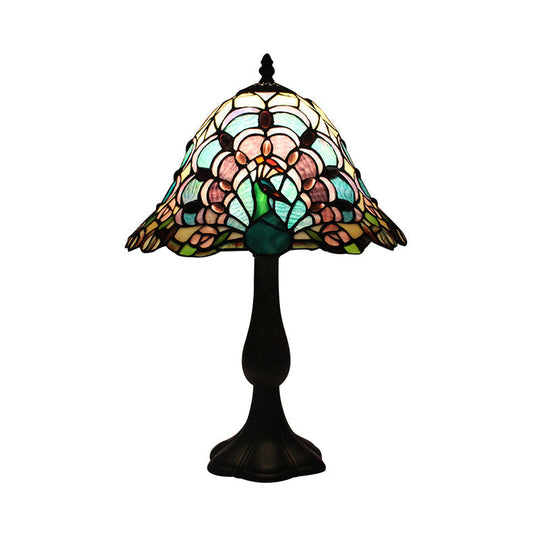 Rustic Tiffany Stained Glass Desk Light With Peacock Tail/Dragonfly Design - Green