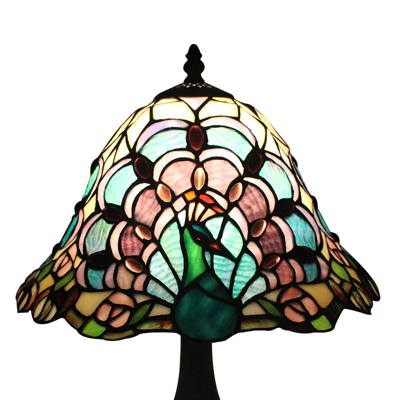 Rustic Tiffany Stained Glass Desk Light With Peacock Tail/Dragonfly Design - Green