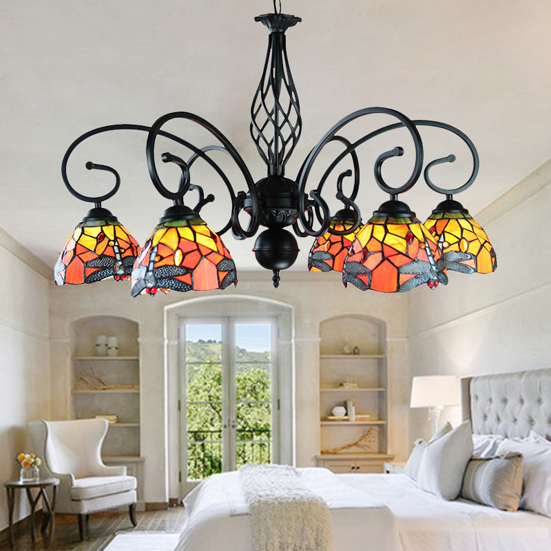 Tiffany Dragonfly Ceiling Chandelier With Curved Arm - Stained Glass Indoor Lighting (6/8 Heads) 6 /