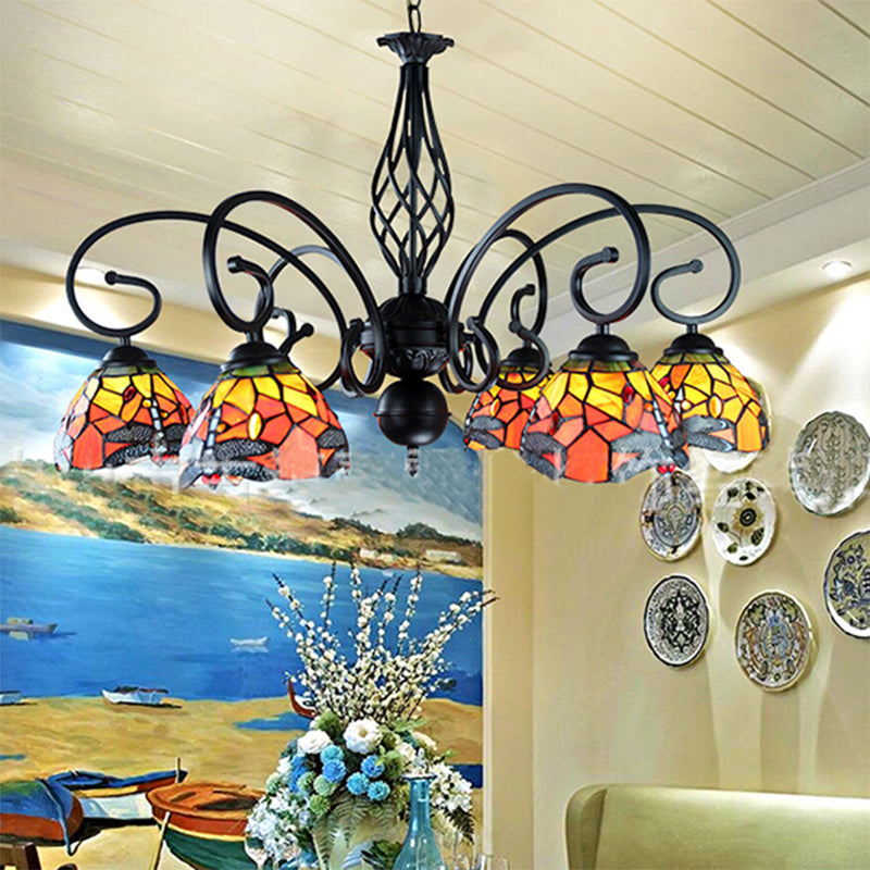 Tiffany Dragonfly Ceiling Chandelier With Curved Arm - Stained Glass Indoor Lighting (6/8 Heads)