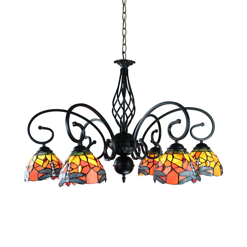 Tiffany Dragonfly Ceiling Chandelier With Curved Arm - Stained Glass Indoor Lighting (6/8 Heads)