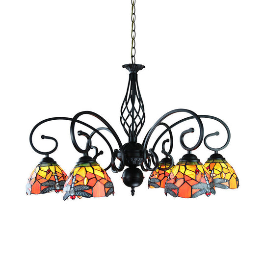 Tiffany Dragonfly Ceiling Chandelier With Curved Arm - Stained Glass Indoor Lighting (6/8 Heads)