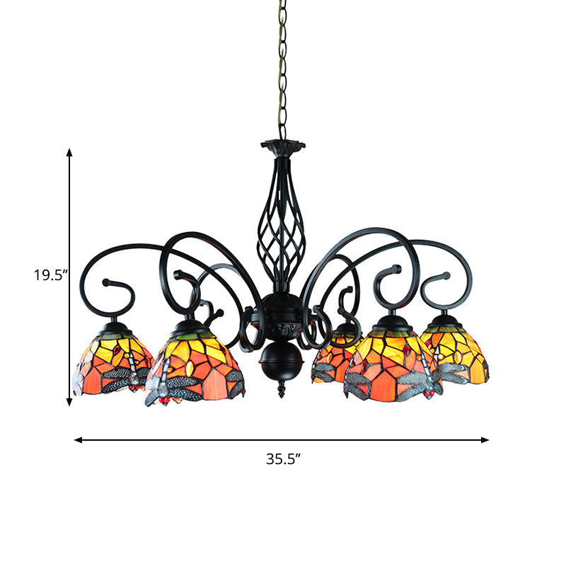 Tiffany Dragonfly Ceiling Chandelier With Curved Arm - Stained Glass Indoor Lighting (6/8 Heads)