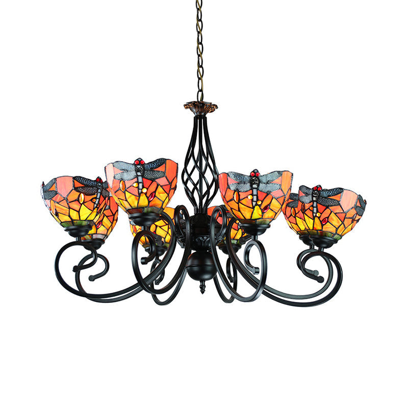 Tiffany Dragonfly Ceiling Chandelier With Curved Arm - Stained Glass Indoor Lighting (6/8 Heads)