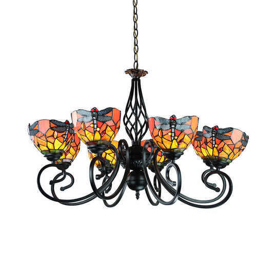 Tiffany Dragonfly Ceiling Chandelier With Curved Arm - Stained Glass Indoor Lighting (6/8 Heads)