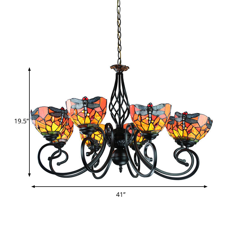 Tiffany Dragonfly Ceiling Chandelier With Curved Arm - Stained Glass Indoor Lighting (6/8 Heads)