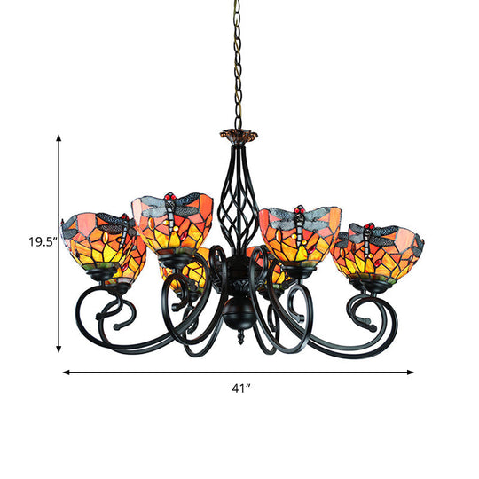 Tiffany Dragonfly Ceiling Chandelier With Curved Arm - Stained Glass Indoor Lighting (6/8 Heads)