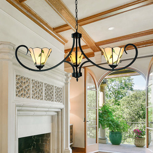 Rustic Leaf Pendant Light with Cone Shade and Adjustable Chain - 3 Light Beige Glass Chandelier for Foyer