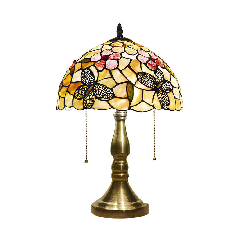 Antique Tiffany Dome Desk Light - Blue Flower/Dragonfly/Butterfly Stained Glass Table For Bedroom (2