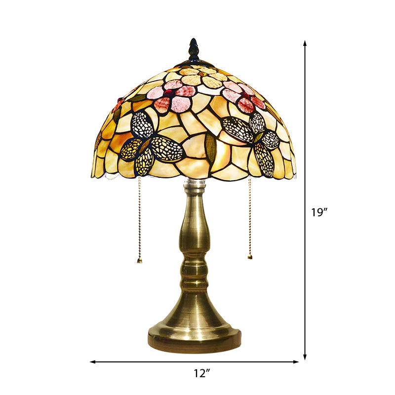 Antique Tiffany Dome Desk Light - Blue Flower/Dragonfly/Butterfly Stained Glass Table For Bedroom (2