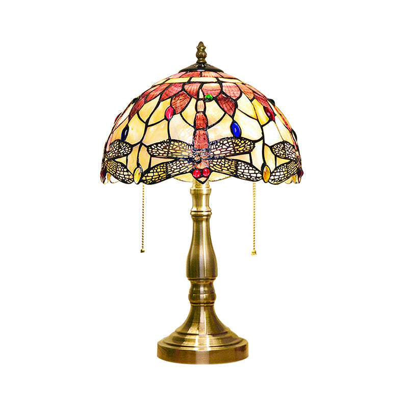 Antique Tiffany Dome Desk Light - Blue Flower/Dragonfly/Butterfly Stained Glass Table For Bedroom (2