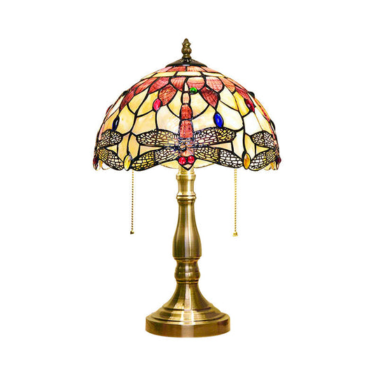 Antique Tiffany Dome Desk Light - Blue Flower/Dragonfly/Butterfly Stained Glass Table For Bedroom (2