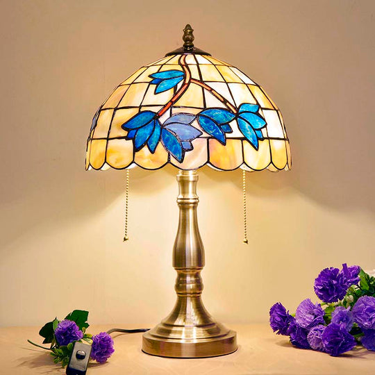 Antique Tiffany Dome Desk Light - Blue Flower/Dragonfly/Butterfly Stained Glass Table For Bedroom (2